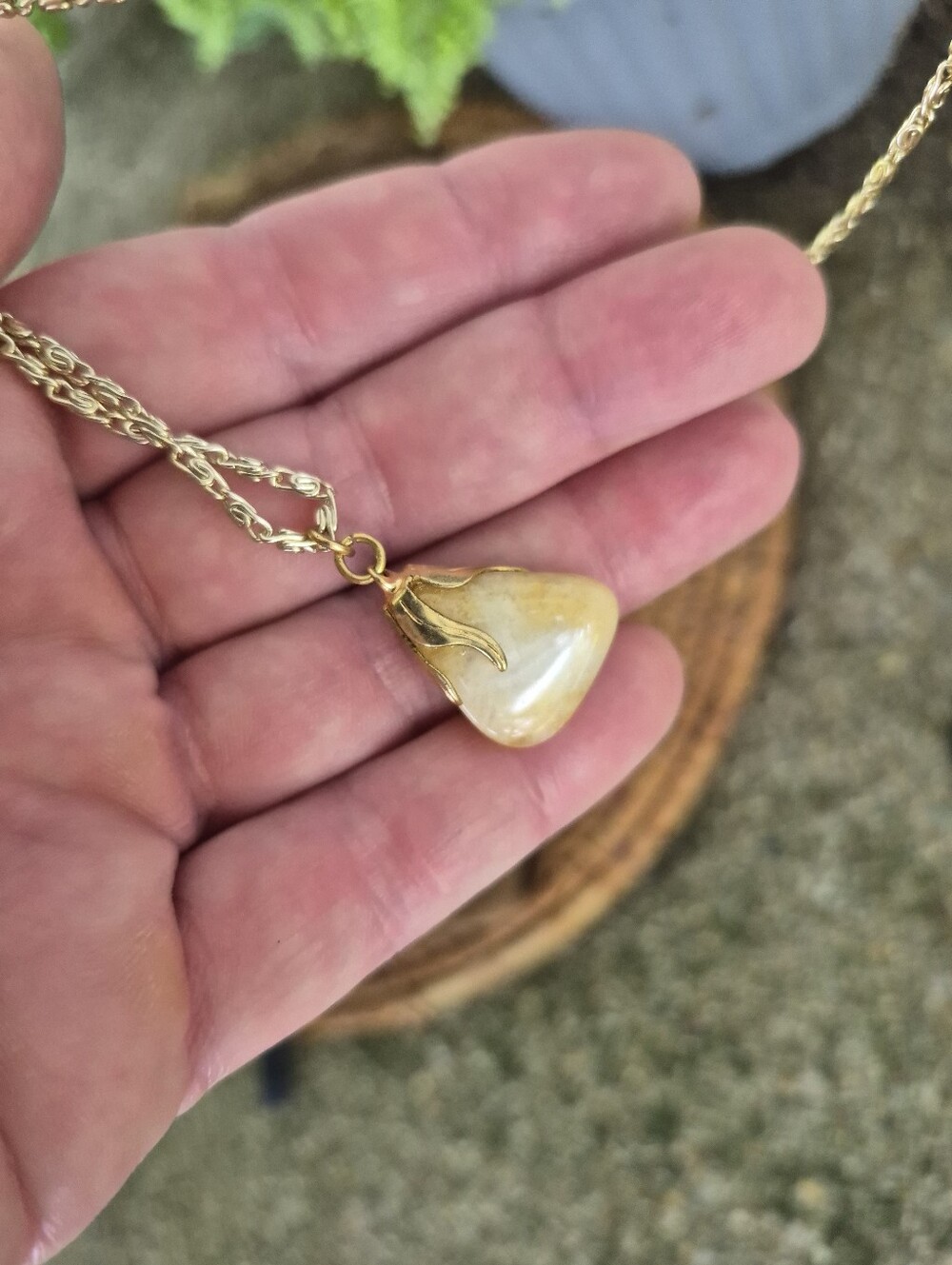 Gold-Tone Yellow Agate Teardrop Pendant Necklace